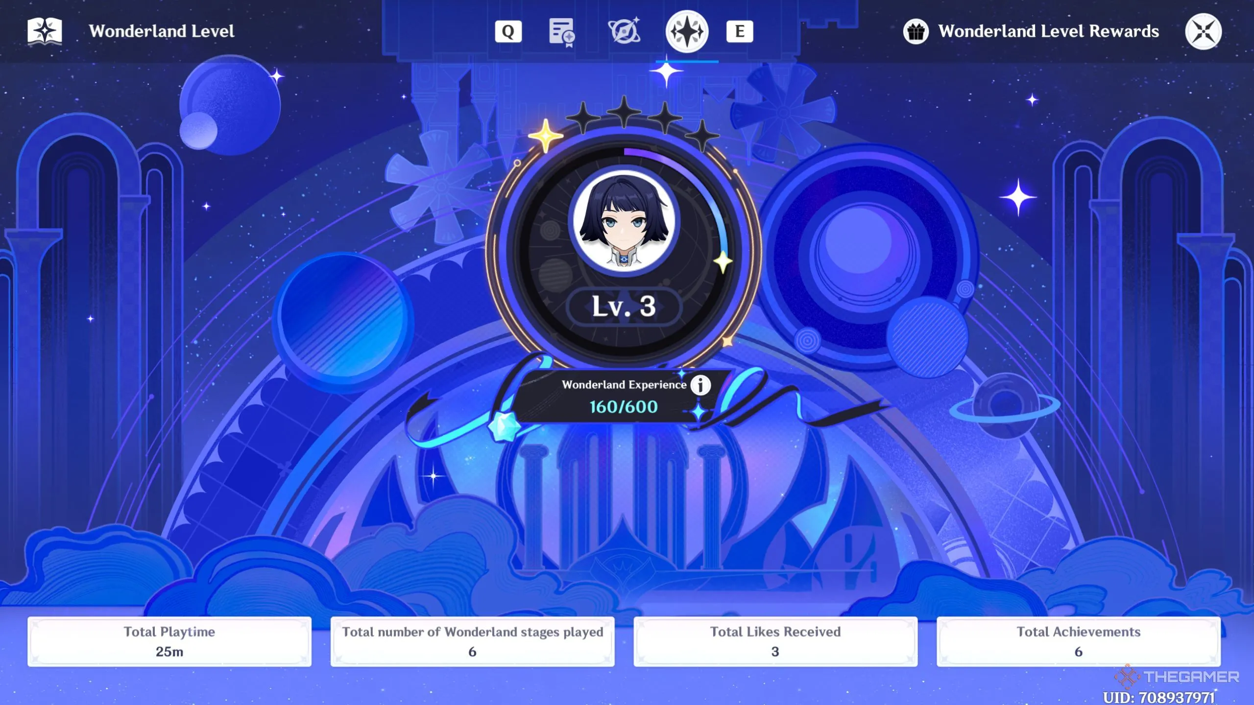 Minh họa hiển thị mức Wonderland level và tiến trình EXP trong Genshin Impact