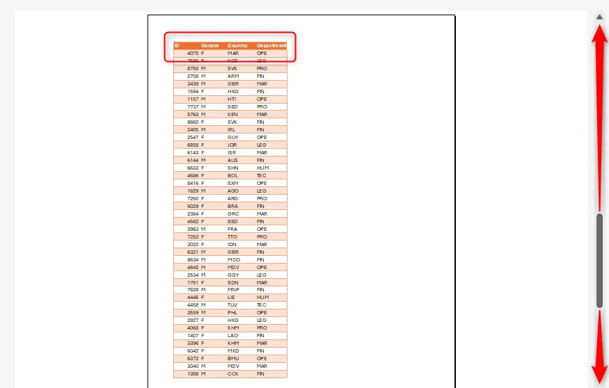 Một ví dụ in preview hiển thị tiêu đề cột xuất hiện trên từng trang in, giúp người xem dễ theo dõi dữ liệu.