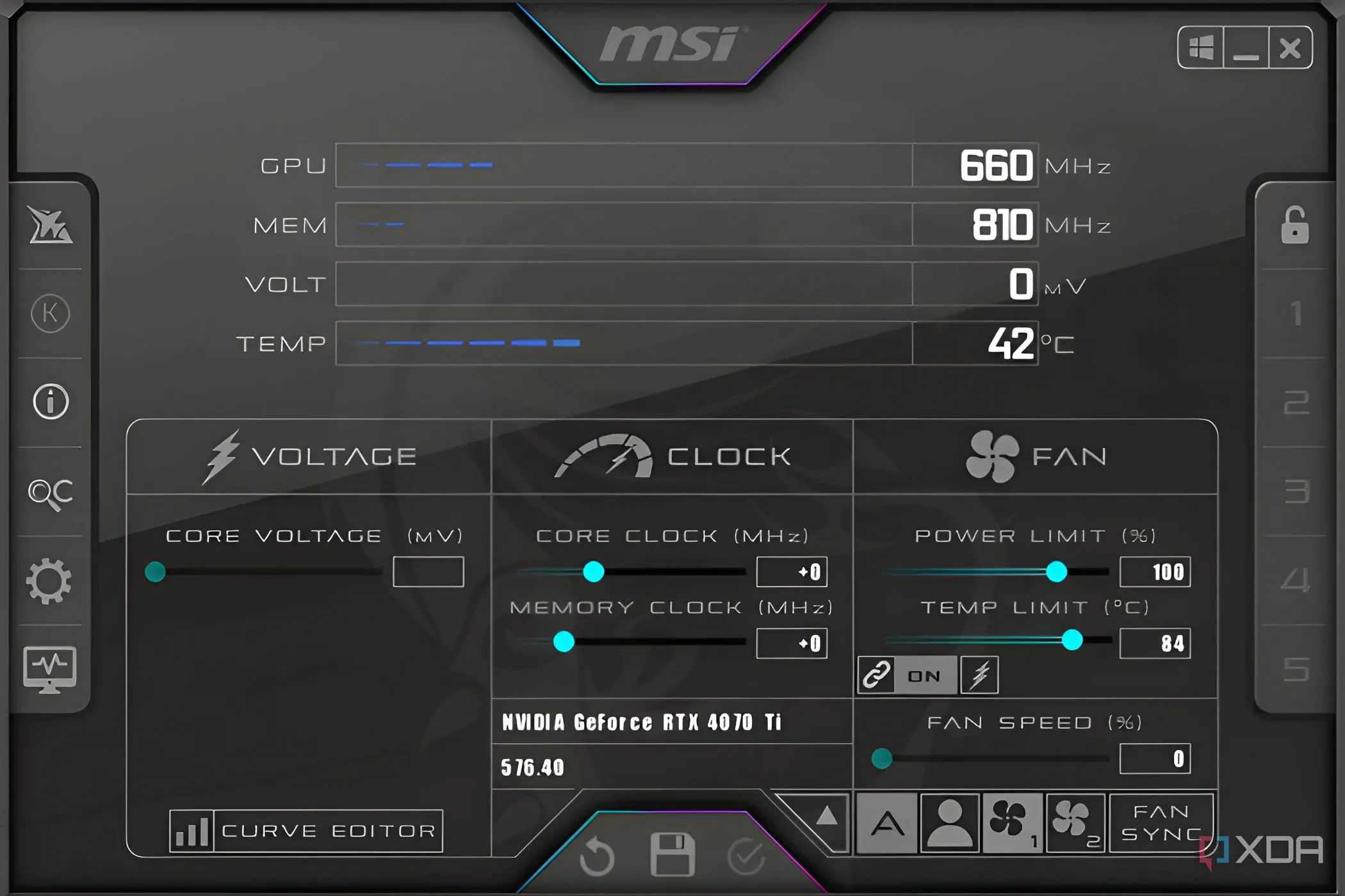 MSI Afterburner hiển thị nhiệt độ và điện áp GPU trên Windows 11, minh họa sự phụ thuộc giữa nhiệt độ, điện áp và xung nhịp