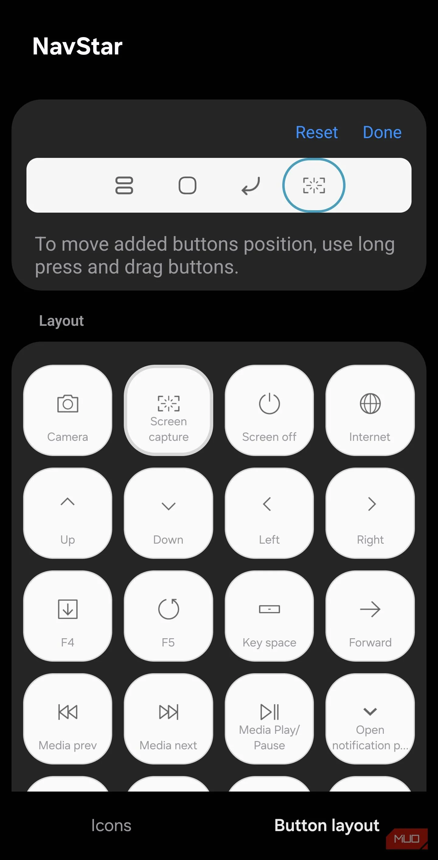 NavStar button layout screen with Screen capture option selected