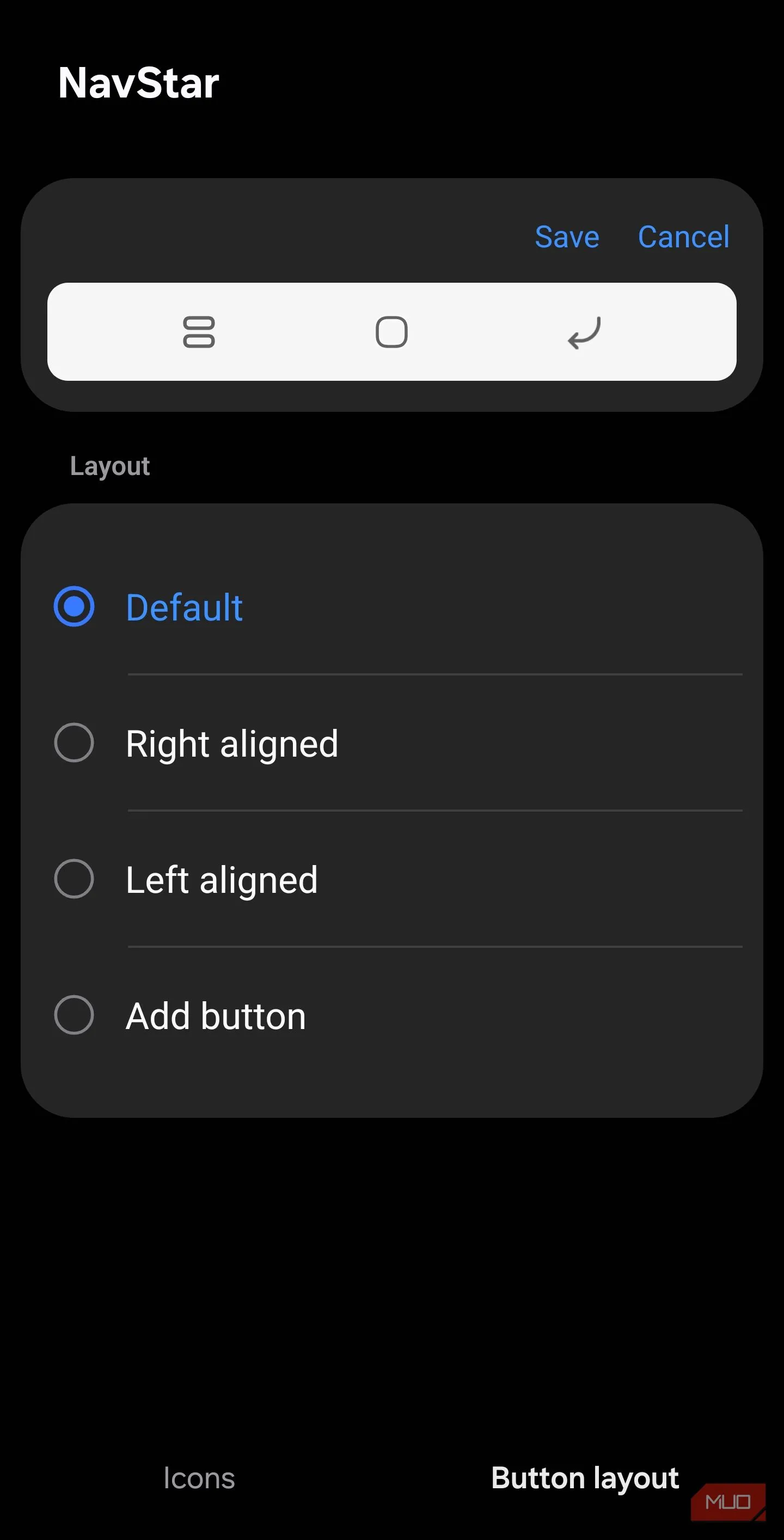 NavStar layout settings showing Add button option