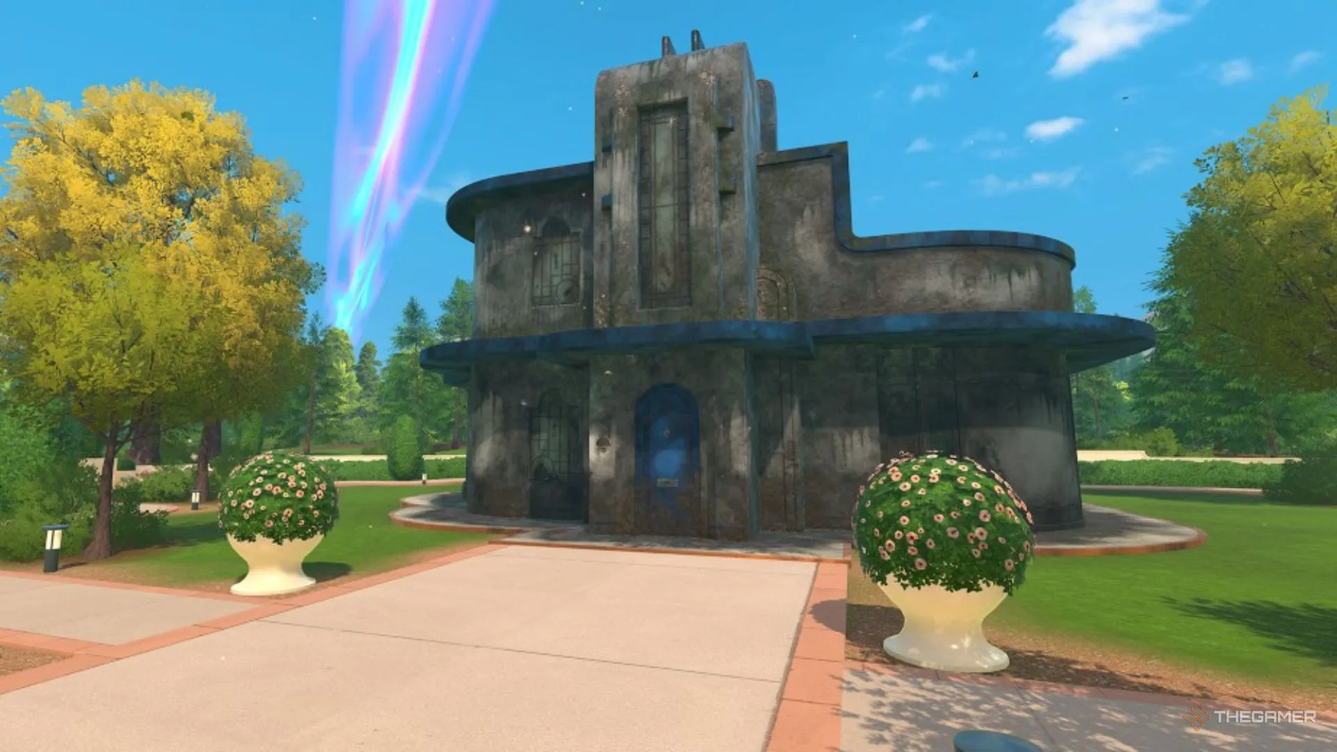 Ngôi nhà Art Deco phủ đầy bụi sau khi bị tia bẩn "dirtification beam" tấn công trong PowerWash Simulator 2.