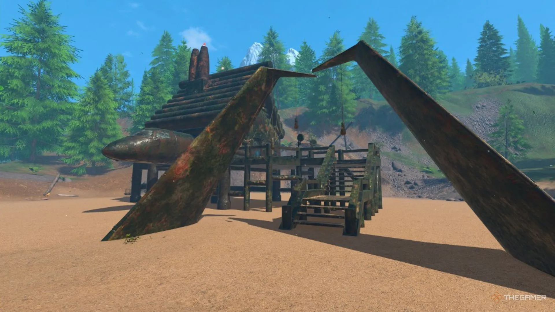 Ngôi nhà Salvage xây trên cột, kết hợp phần thân máy bay phủ bụi trong PowerWash Simulator 2.