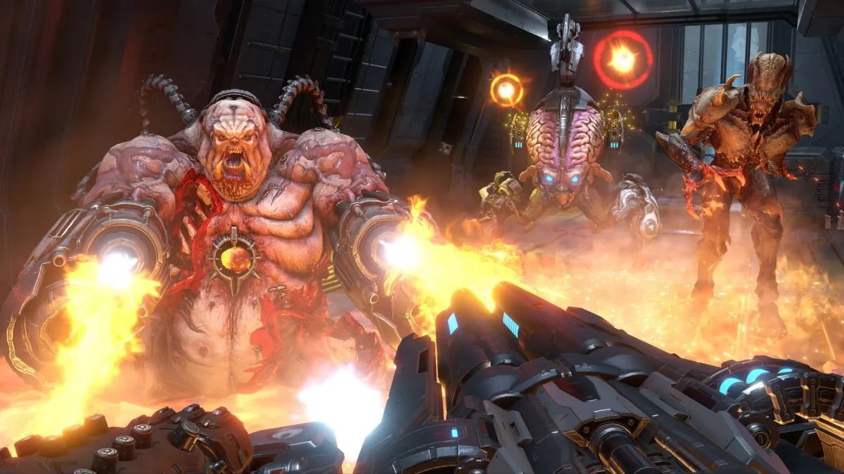 Người chơi bắn nhiều sinh vật trong Doom Eternal, nhấn mạnh sự đồng bộ giữa chuyển động và âm nhạc metal.