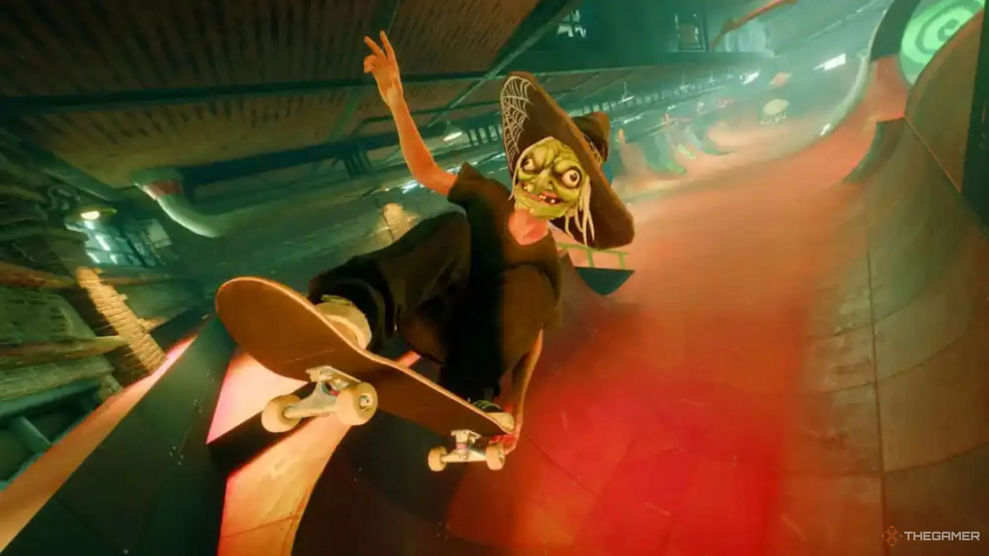 Nhân vật trong Skate hóa trang thành phù thủy, minh họa các trang phục Halloween và trang trí tại các skate park trong sự kiện Skate-o-Ween.