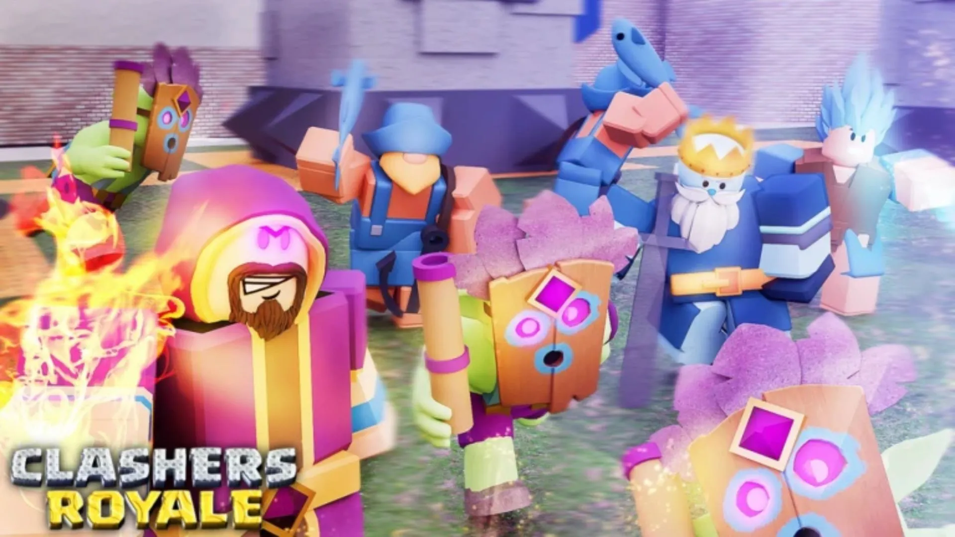 Nhóm nhân vật Clashers Royale trong bối cảnh đấu trường, minh họa các lớp nhân vật và kỹ năng
