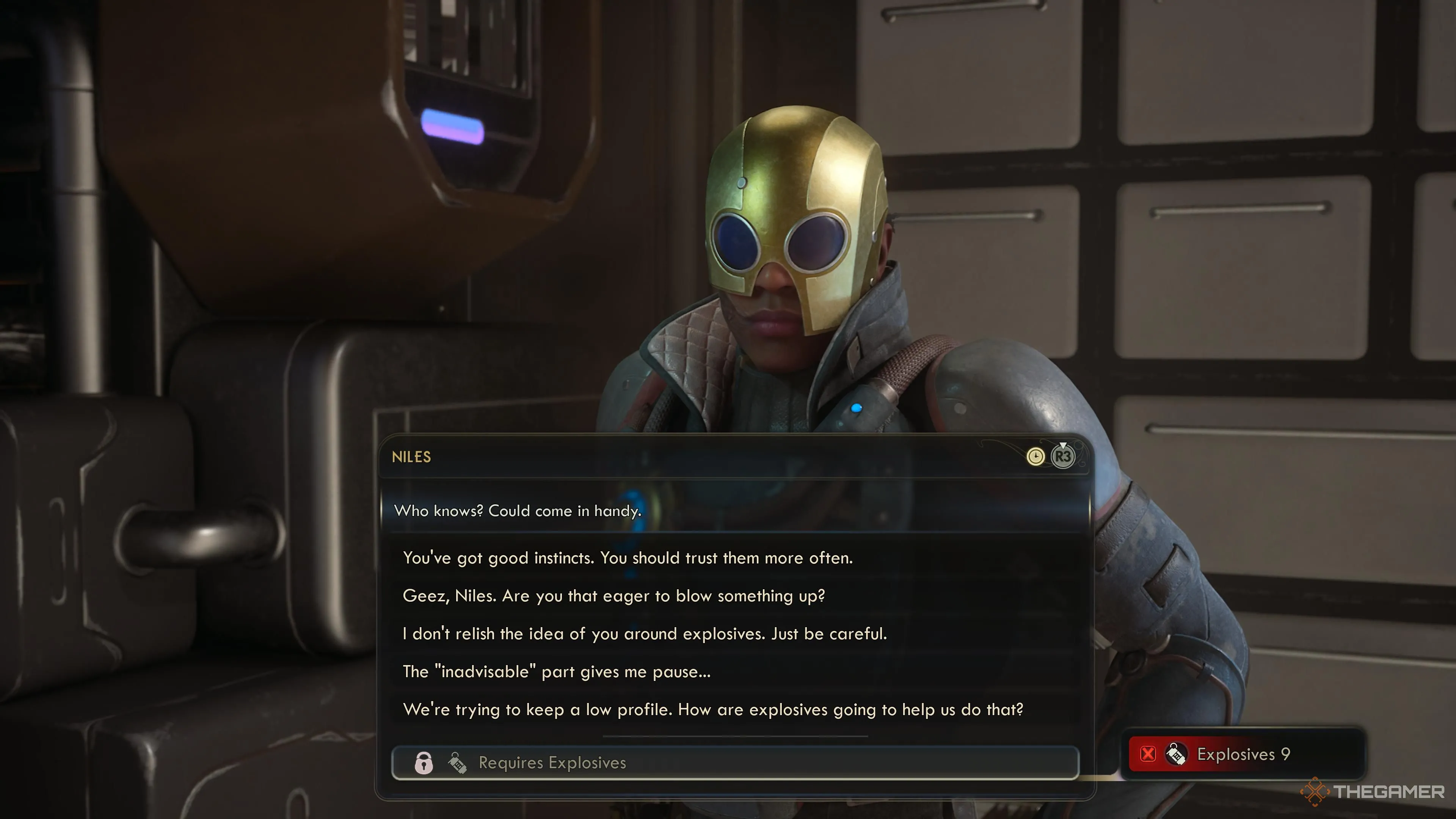 Niles đề cập đến vụ nổ anh vừa chế tạo ở tầng dưới Lăng mộ trong The Outer Worlds 2