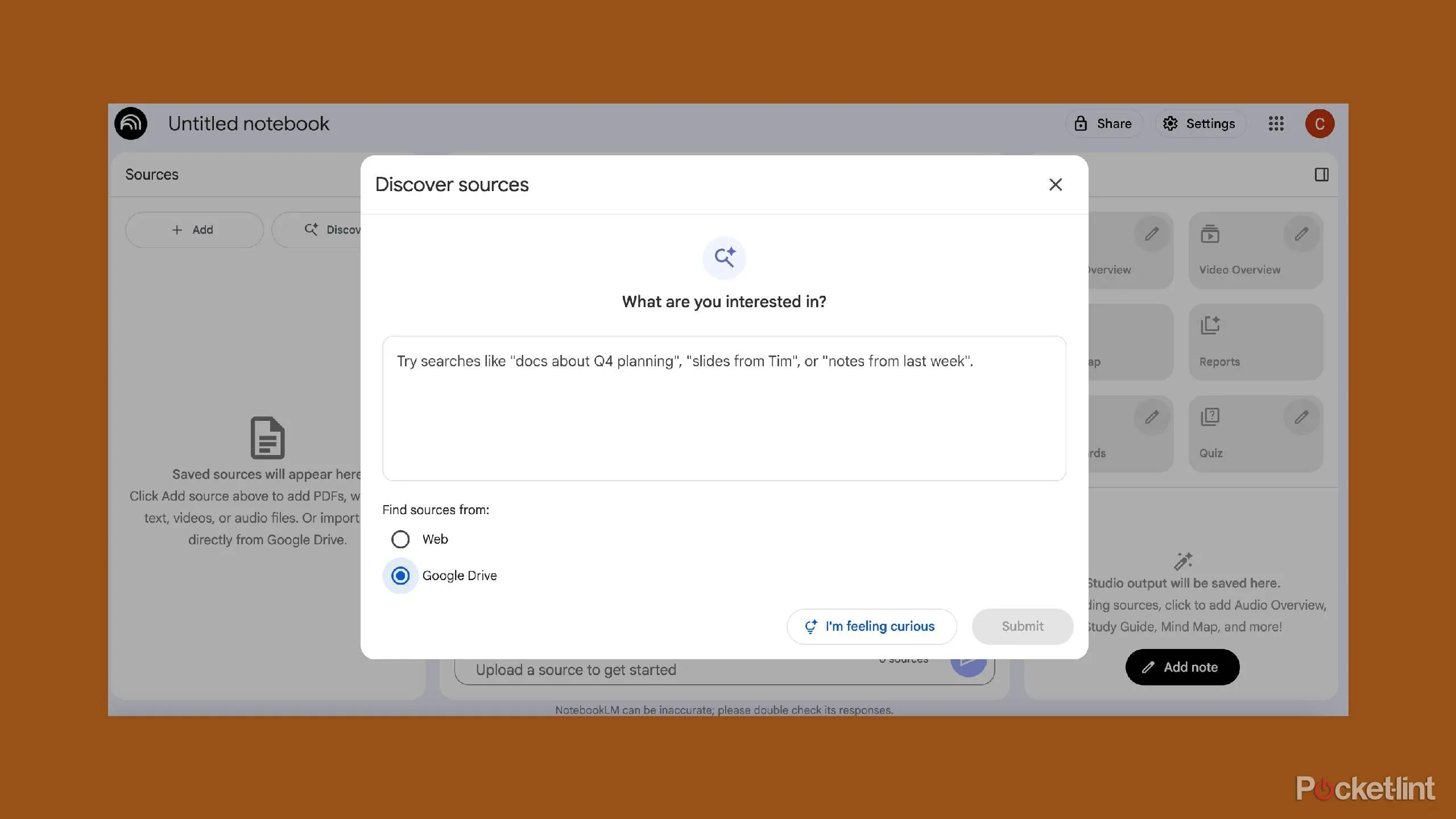 NotebookLM lựa chọn Google Drive làm nguồn để tóm tắt tài liệu