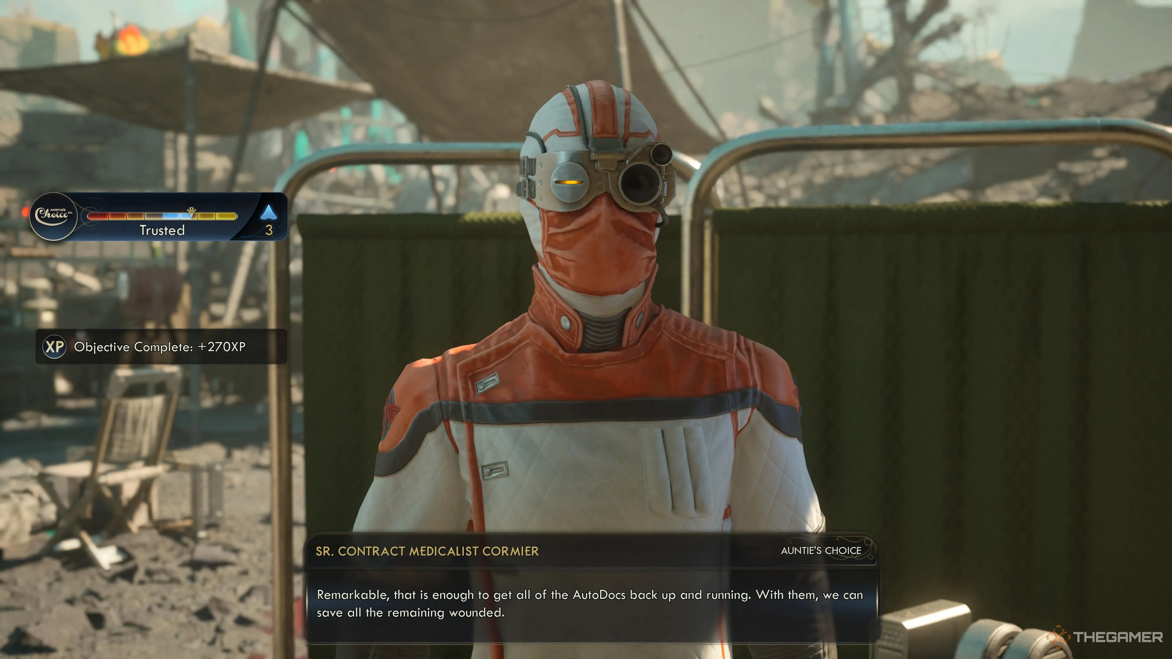 NPC y tá tại Outpost Opportunity nhận AutoDoc Compression Coils từ người chơi trong The Outer Worlds 2