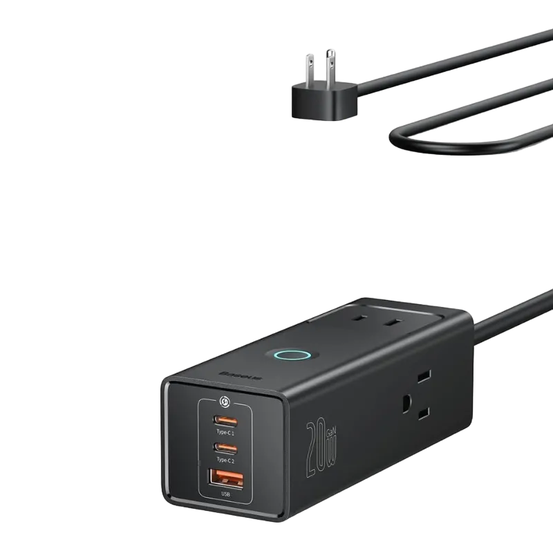 Ổ cắm Baseus Power Strip Surge Protector 1200J màu đen hiển thị các cổng USB-C, USB-A và ổ AC