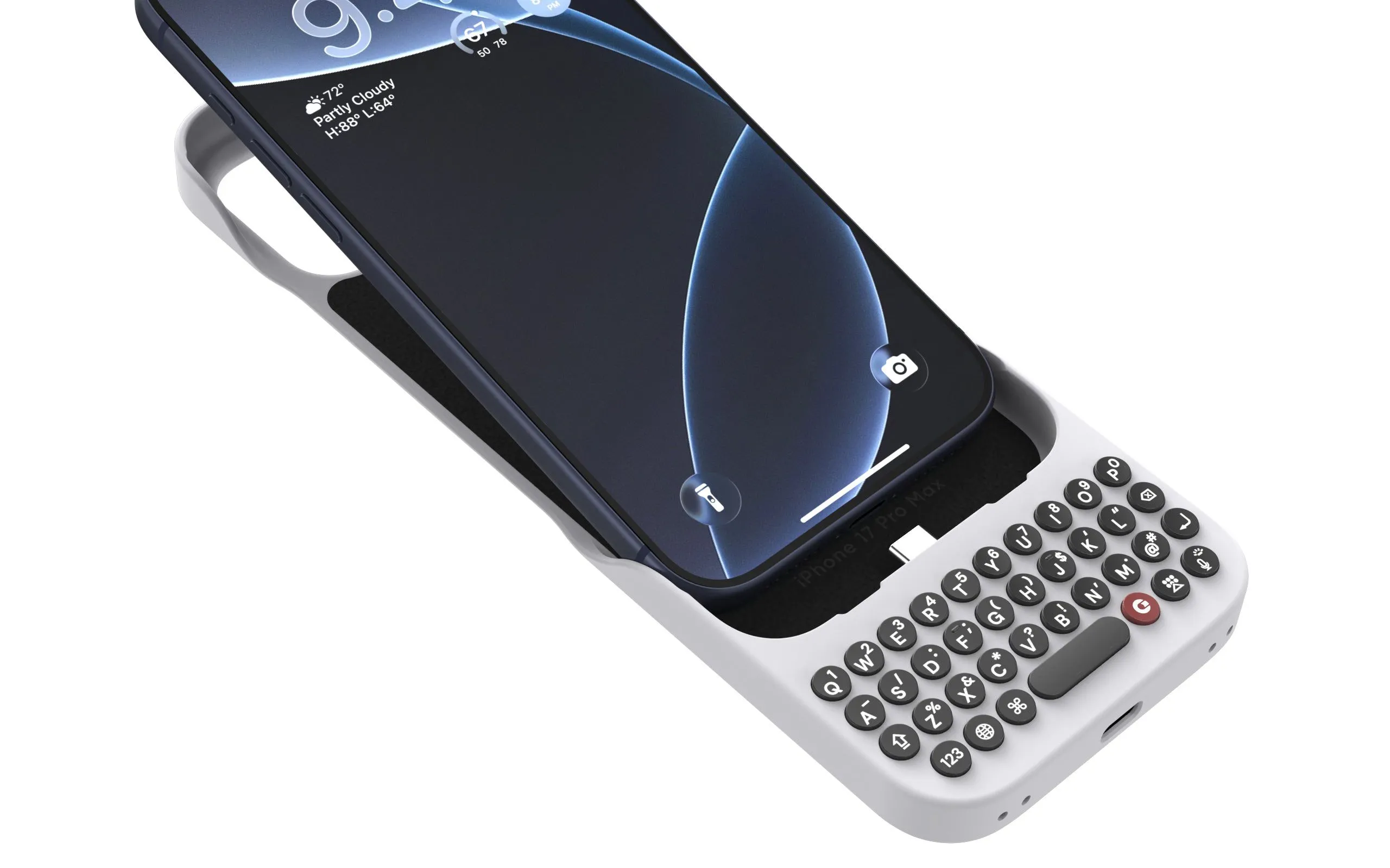 Ốp Clicks gắn bàn phím cho iPhone 17 màu Onyx, hiển thị bố cục phím và viền MagSafe.