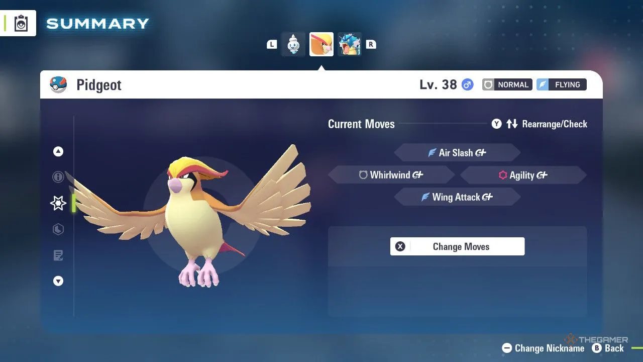 Pidgeot trong menu Pokemon Legends: Z-A, lựa chọn thuần hệ Bay với nhiều chiêu