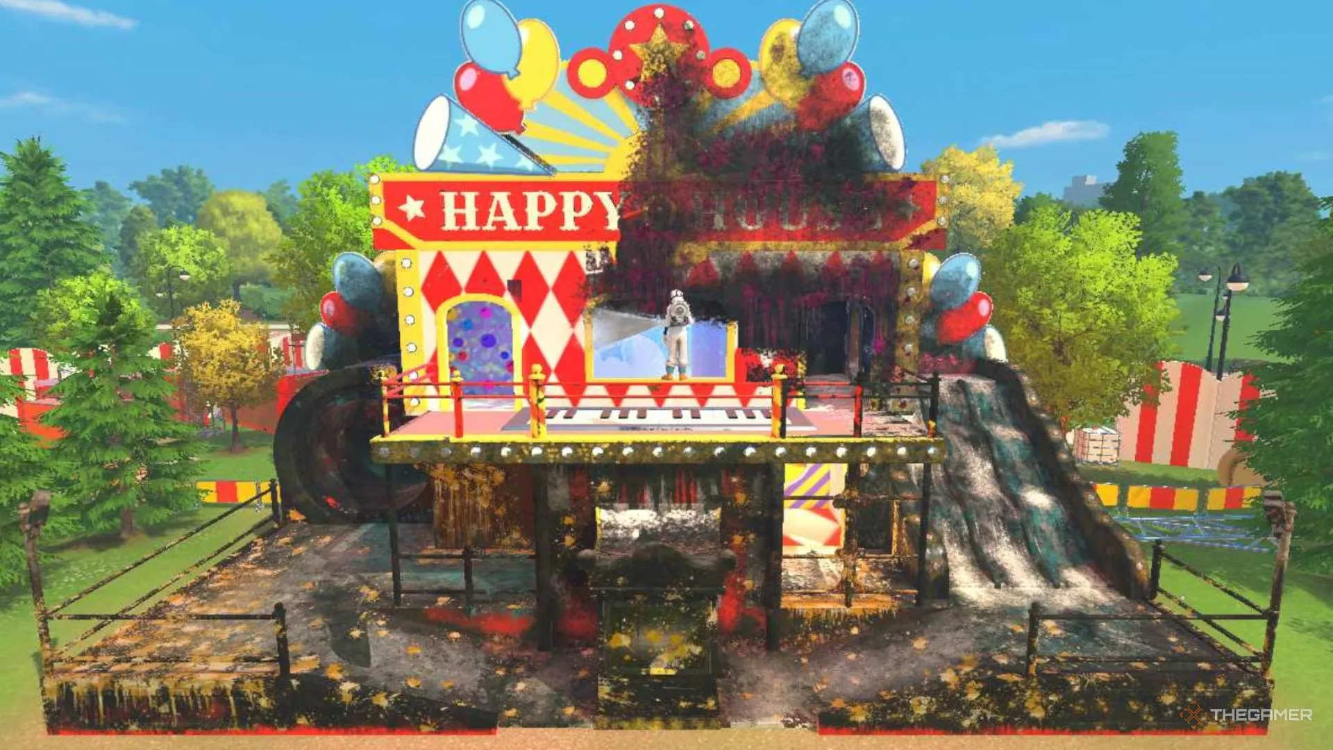 Powerwasher đứng trên ban công của Fun House trong PowerWash Simulator 2.
