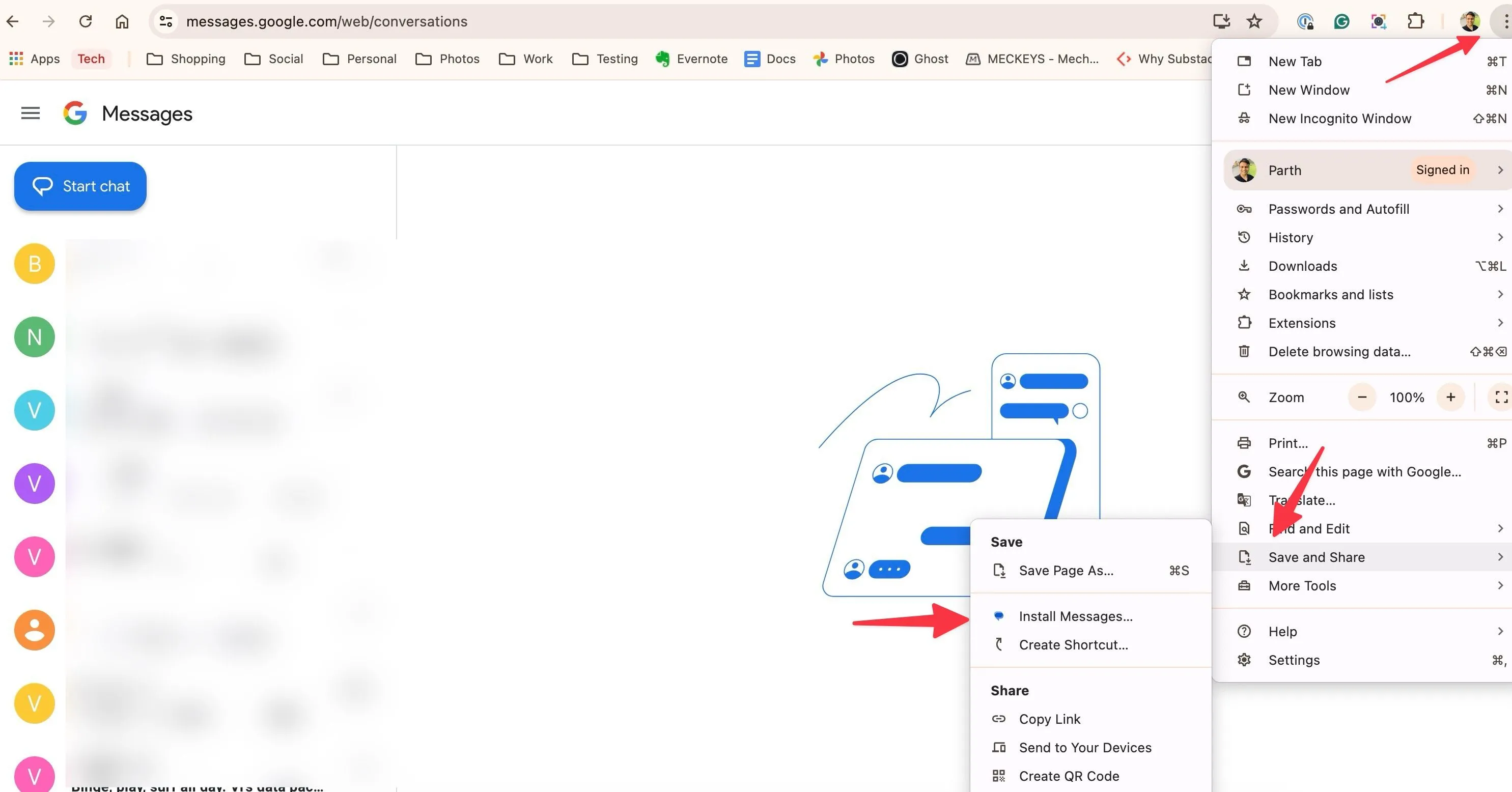 Quá trình lưu Google Messages web dưới dạng ứng dụng trên Chrome, mũi tên chỉ vào menu cài đặt ứng dụng
