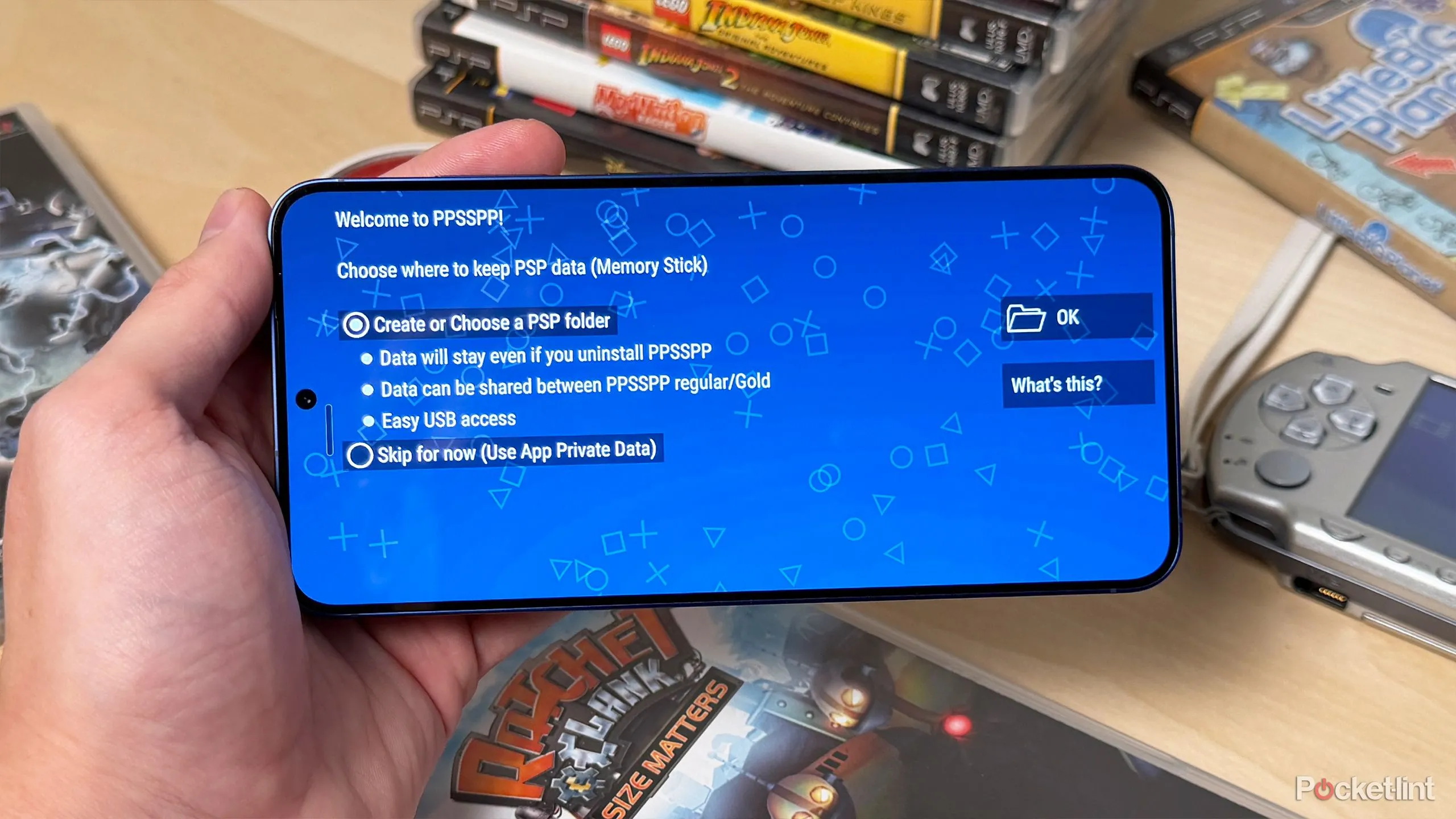 Quá trình thiết lập PPSSPP trên Android: tạo thư mục lưu trữ ROM/ISO và cấu hình ban đầu.