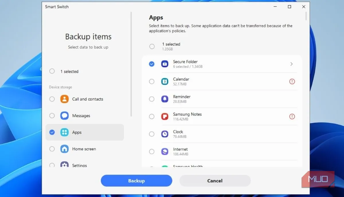 Sao lưu Secure Folder trên PC bằng Samsung Smart Switch, giao diện tiến trình sao lưu