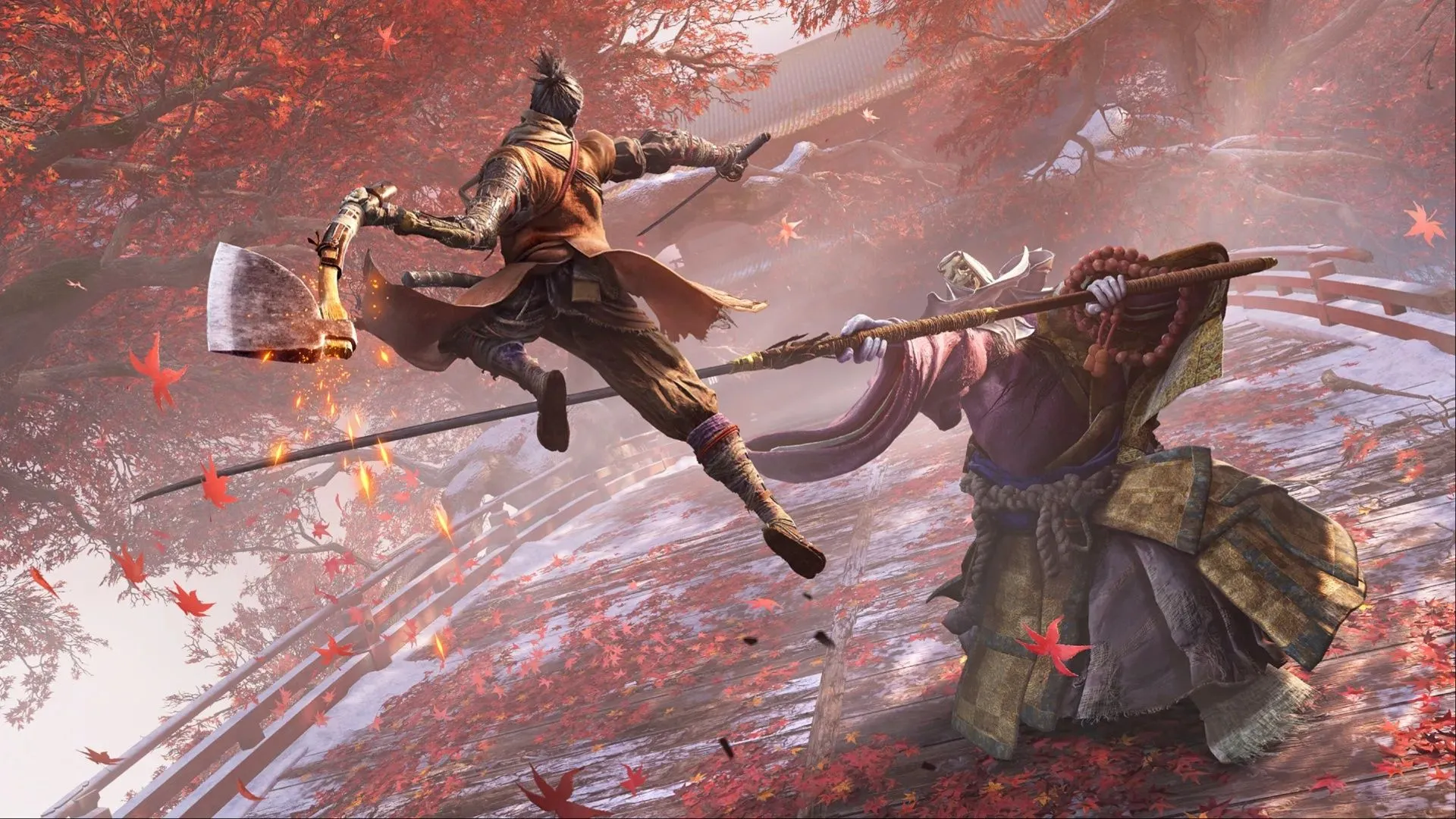 Sekiro dùng Rìu nạp tấn công True Corrupted Monk, tượng trưng cho kỹ năng parry và nhận diện mẫu trong combat.