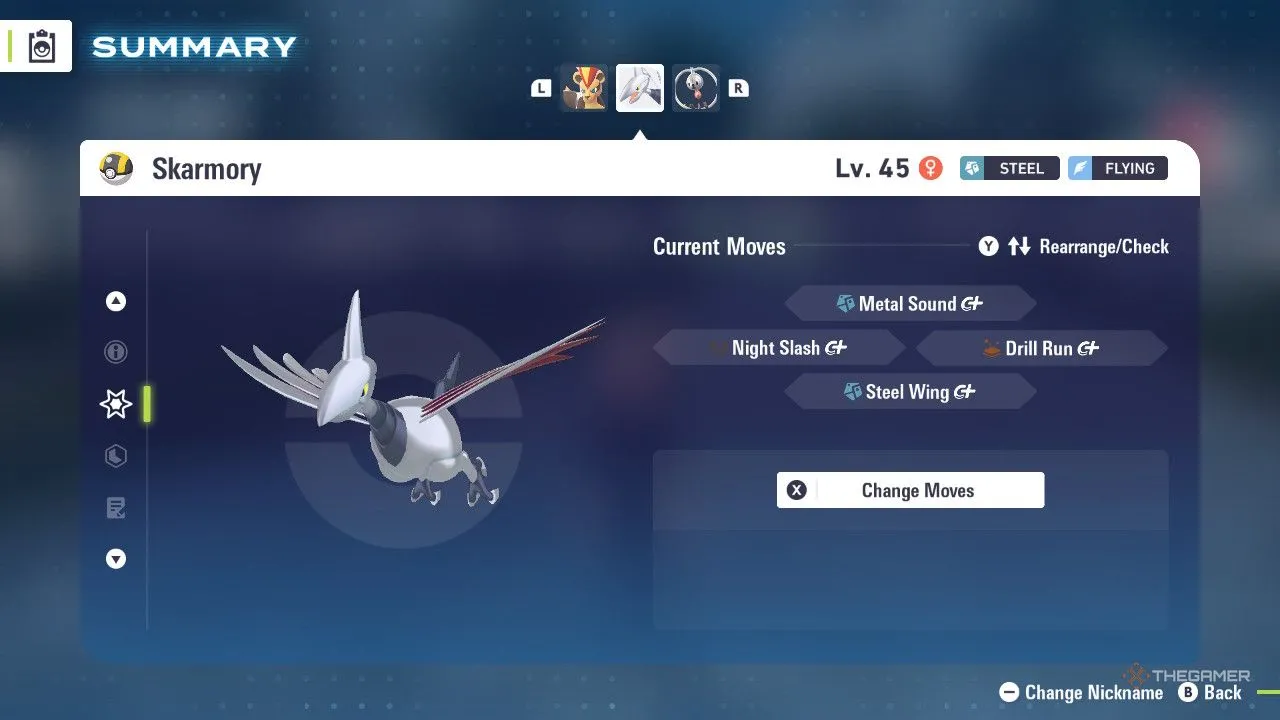 Skarmory trong menu Pokemon Legends: Z-A, Pokémon hệ Thép/Bay phòng thủ mạnh