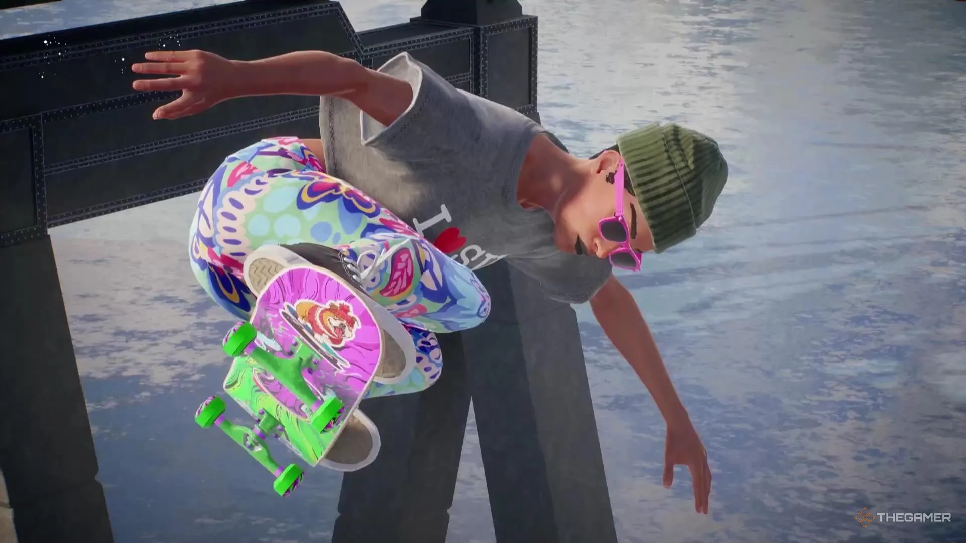 Skater mặc quần sặc sỡ và kính mát hồng đang thực hiện trick qua mặt nước trong Skate, nhấn mạnh phong cách và phần thưởng sự kiện Chocolate Coins trong Skate-o-Ween.