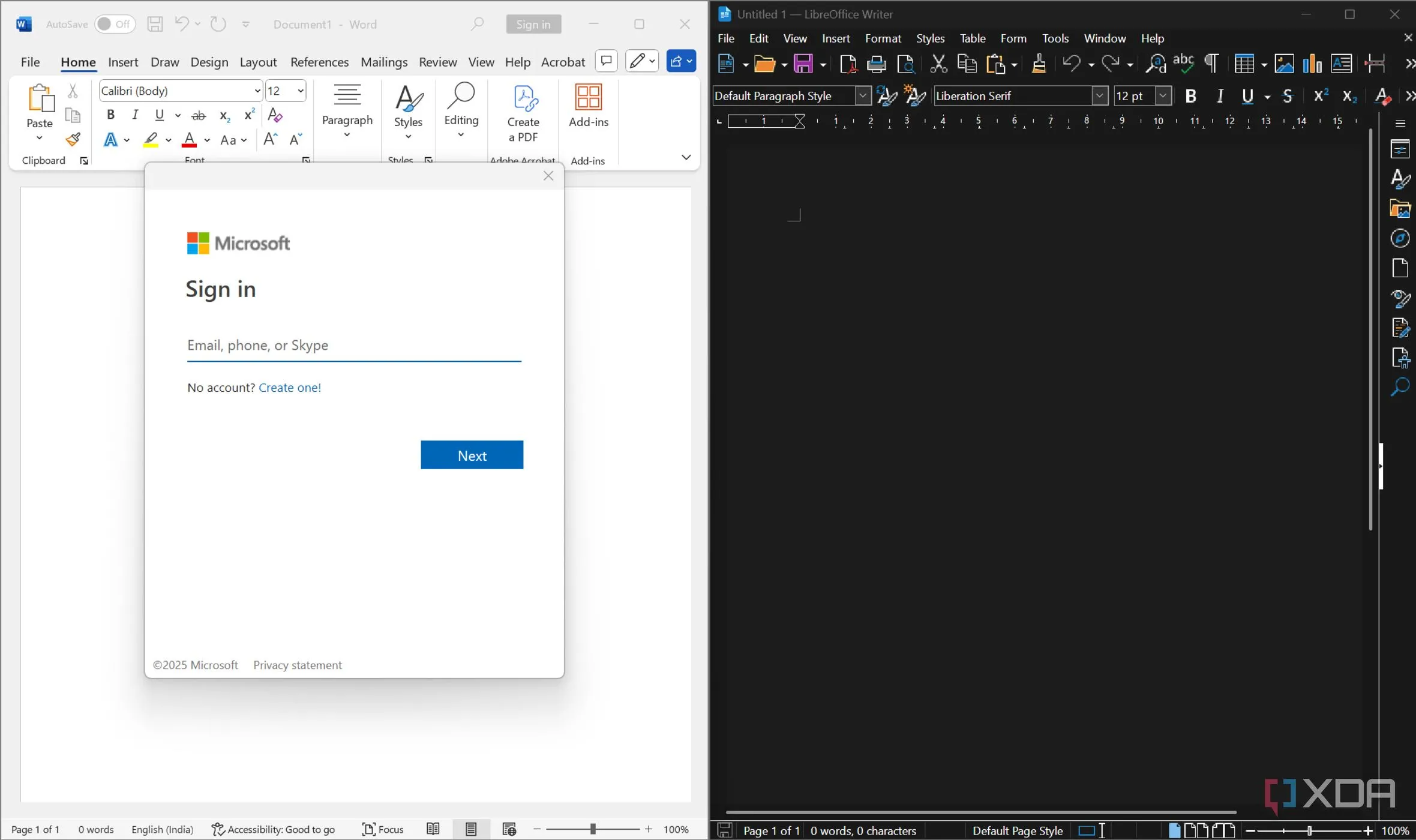 So sánh giao diện yêu cầu đăng nhập Microsoft vs LibreOffice hoạt động offline, minh hoạ ưu thế khi làm nội dung game không có kết nối ổn định