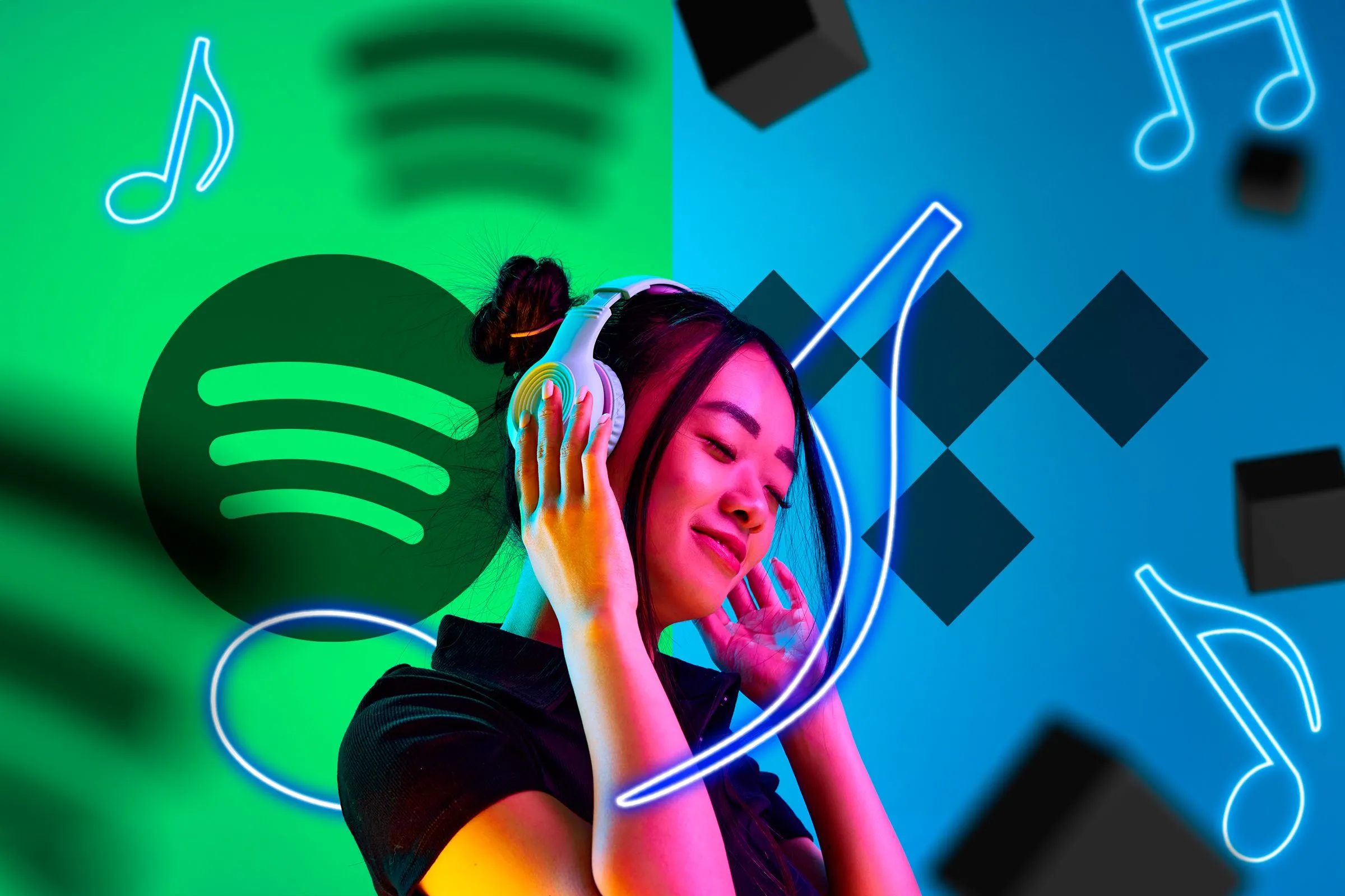 So sánh thị trường: người nghe dùng tai nghe, logo Spotify và Tidal minh họa chất lượng lossless
