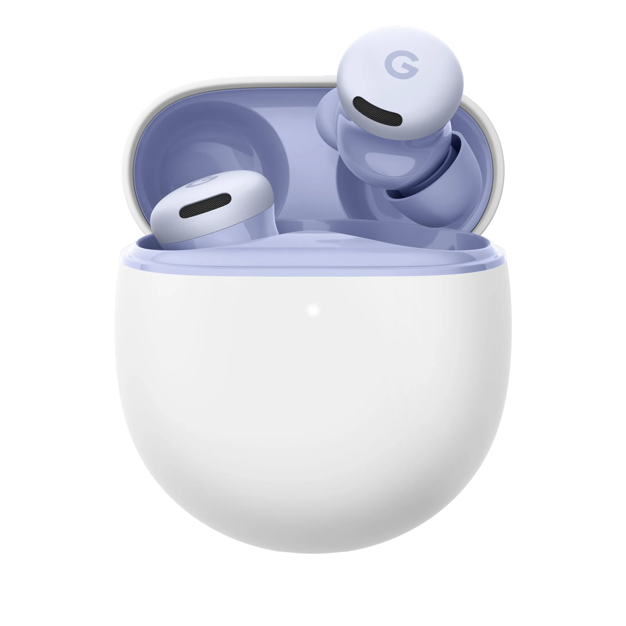 Tai nghe Pixel Buds 2a đặt trên nền trắng, hiển thị thiết kế in-ear và vỏ sạc của Pixel Buds 2a