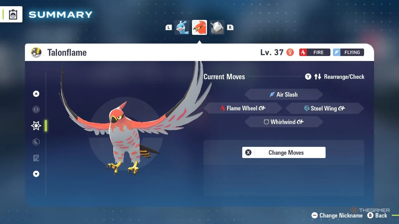 Talonflame đang trong menu Pokemon Legends Z-A, biểu thị vai trò Flying/Fire trong Kalos