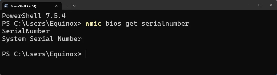 Terminal hiển thị không có serial máy tính sau lệnh wmic bios get serialnumber