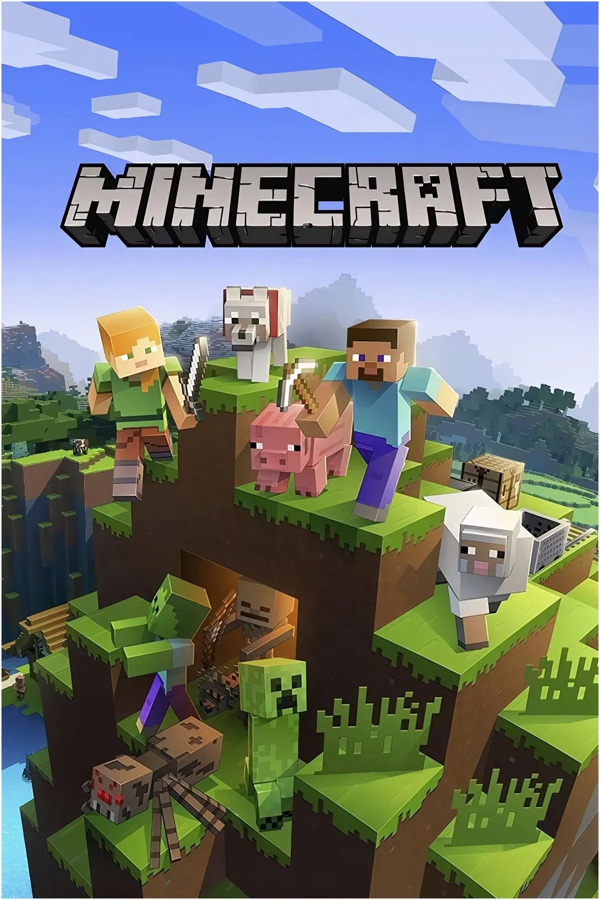 Thế giới khối vuông Minecraft với công trình sáng tạo của người chơi, biểu tượng sandbox và sáng tạo