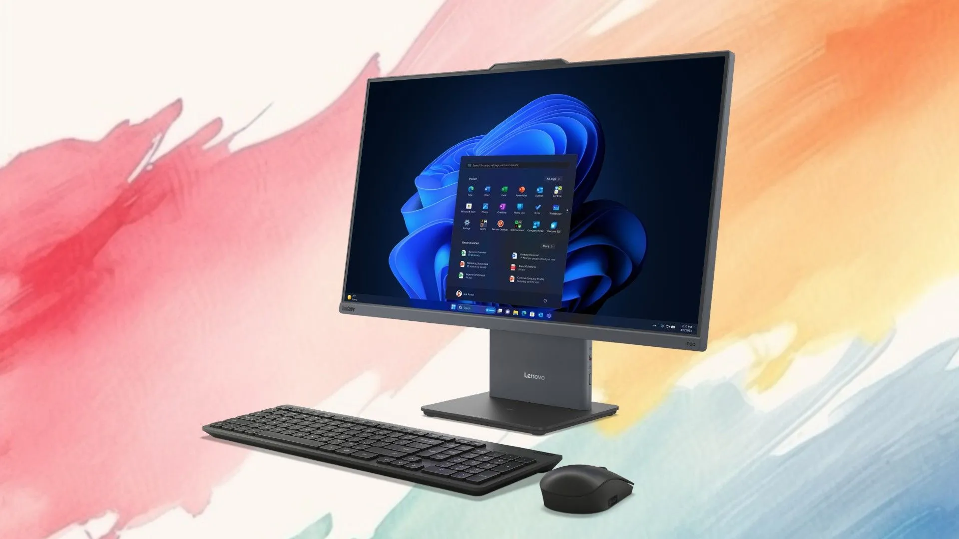 ThinkCentre neo 55a đặt cạnh chuột và bàn phím — all‑in‑one cho không gian làm việc và chơi game nhỏ gọn