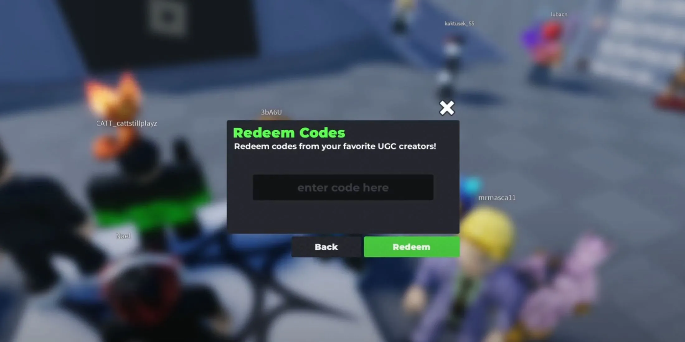 Thông báo nhập mã trong giao diện Flex UGC trên Roblox