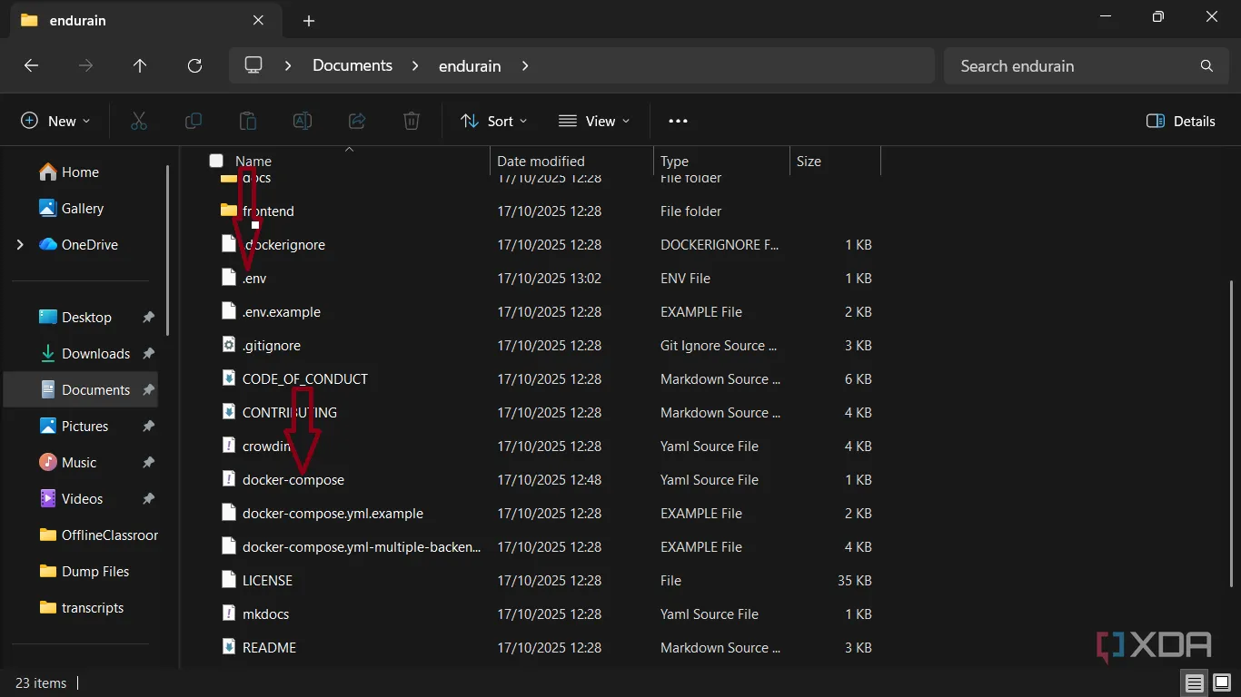 Thư mục dự án Endurain với file .env và docker-compose.yml đã được tạo sẵn