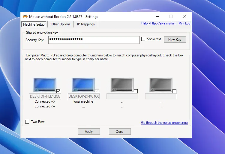 Trang thiết lập chính của Mouse Without Borders cho phép quản lý máy và bố cục.