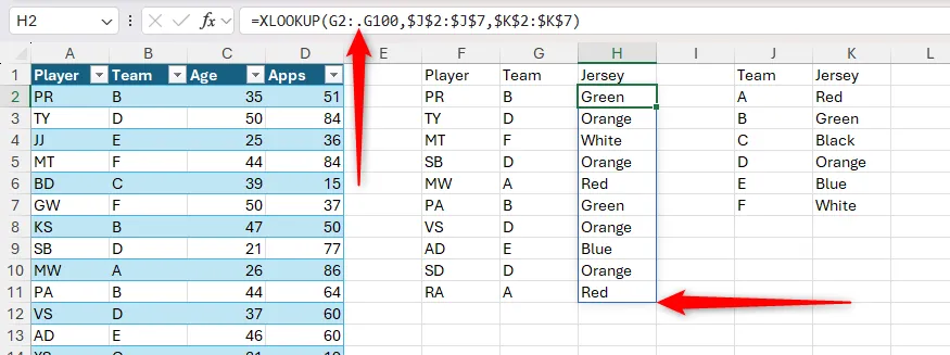 Trim dot operator trong công thức XLOOKUP cắt kết quả về kích thước của dataset lân cận.