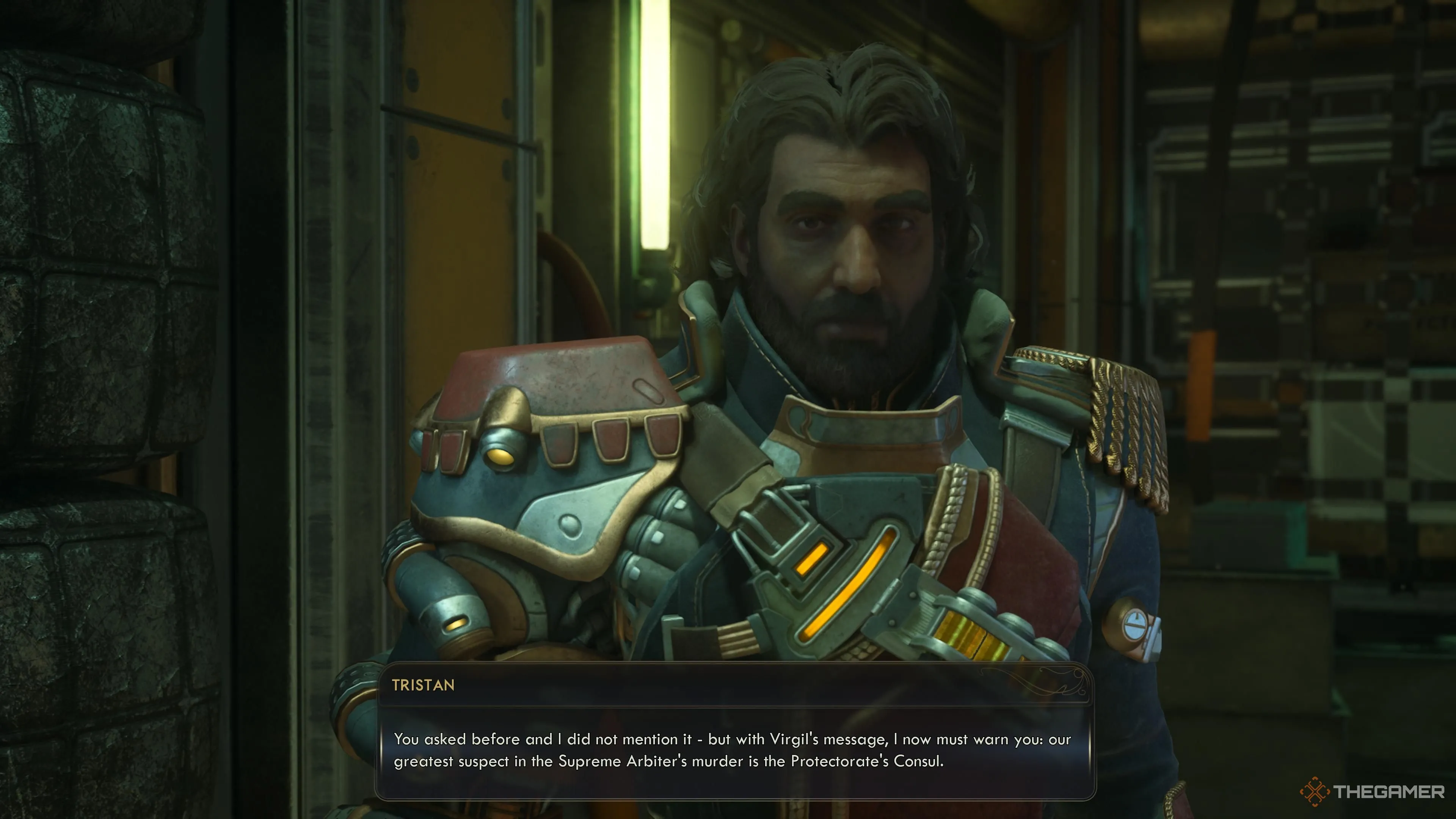 Tristan trò chuyện về Virgil và Supreme Arbiter trong The Outer Worlds 2.