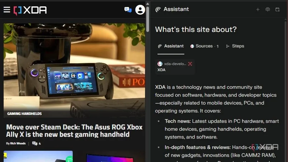Trợ lý Comet tóm tắt bài viết XDA trên thanh bên trình duyệt, minh họa khả năng truy vấn ngữ cảnh của trình duyệt AI