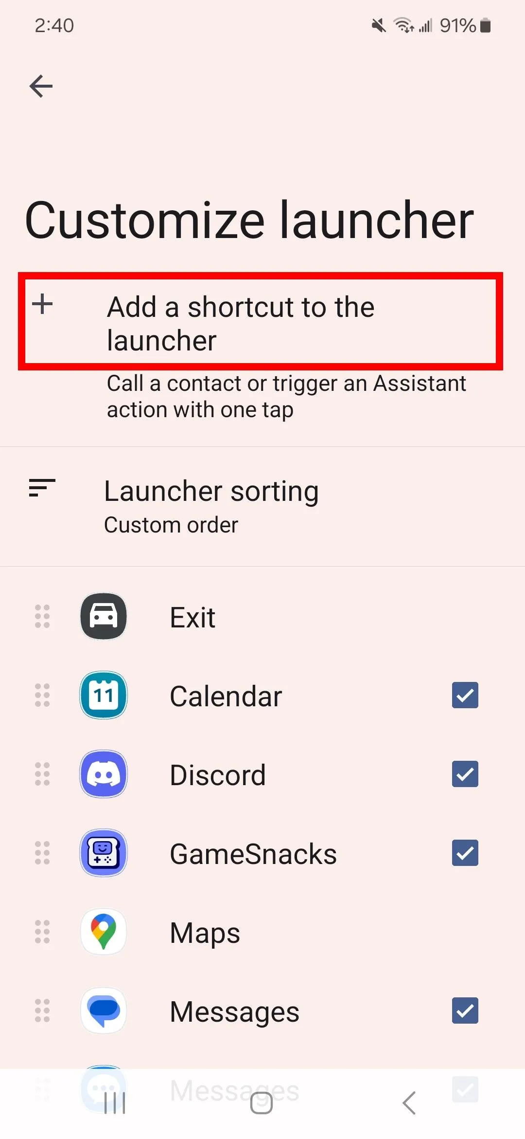 Tùy chỉnh launcher trong Android Auto, lựa chọn Add a shortcut to the launcher được đánh dấu