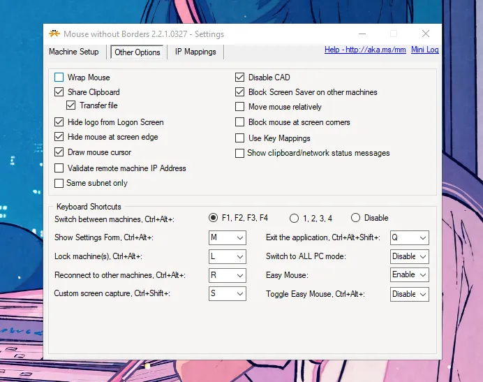 Tuỳ chọn chia sẻ clipboard, kéo thả file và các lựa chọn khác trong Mouse Without Borders.