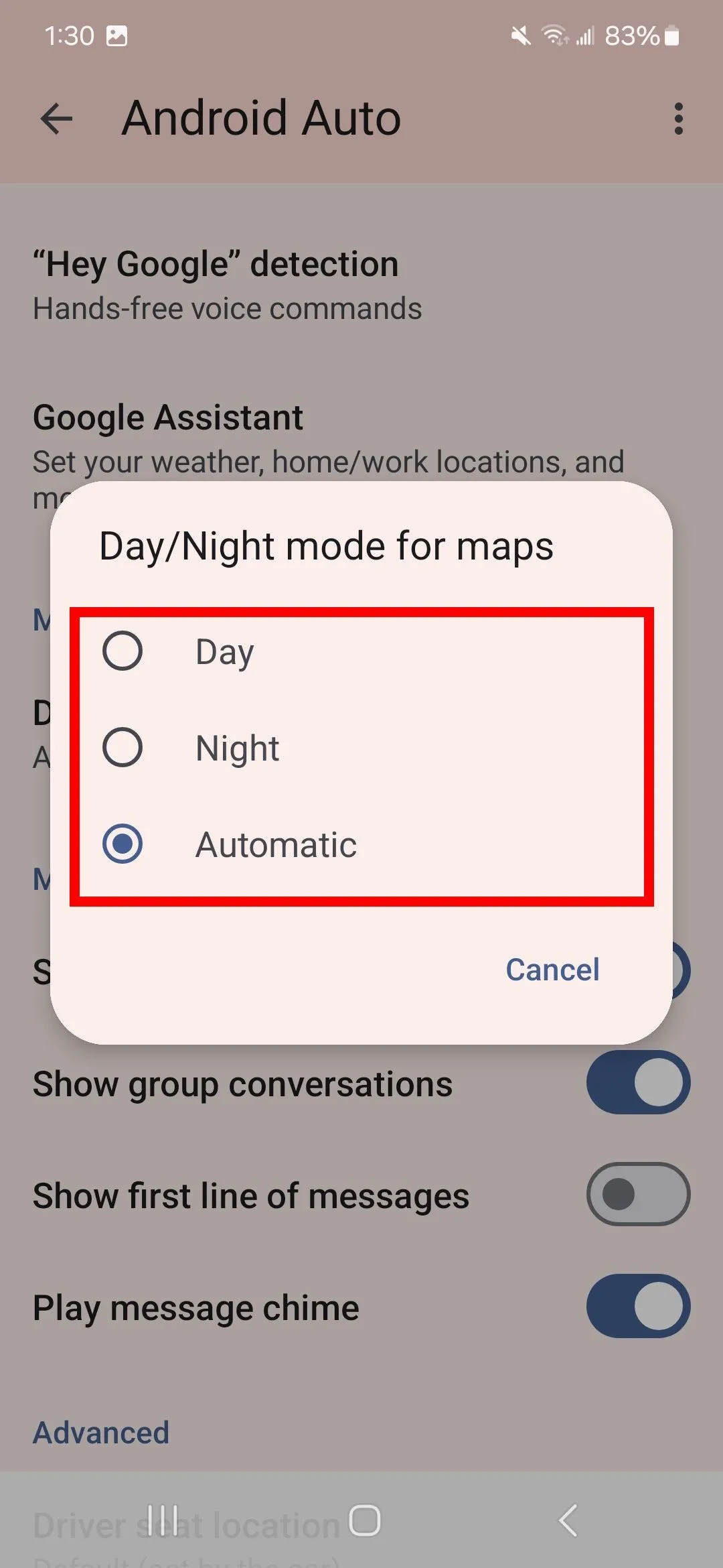 Tùy chọn Day/Night mode for maps trong cài đặt Android Auto
