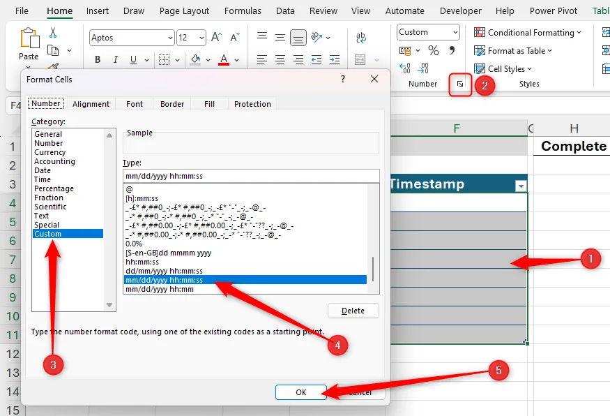 Tuỳ chọn định dạng ngày giờ trong Excel để hiển thị timestamp, ẩn dụ định dạng thời gian hoàn thành nhiệm vụ trong game
