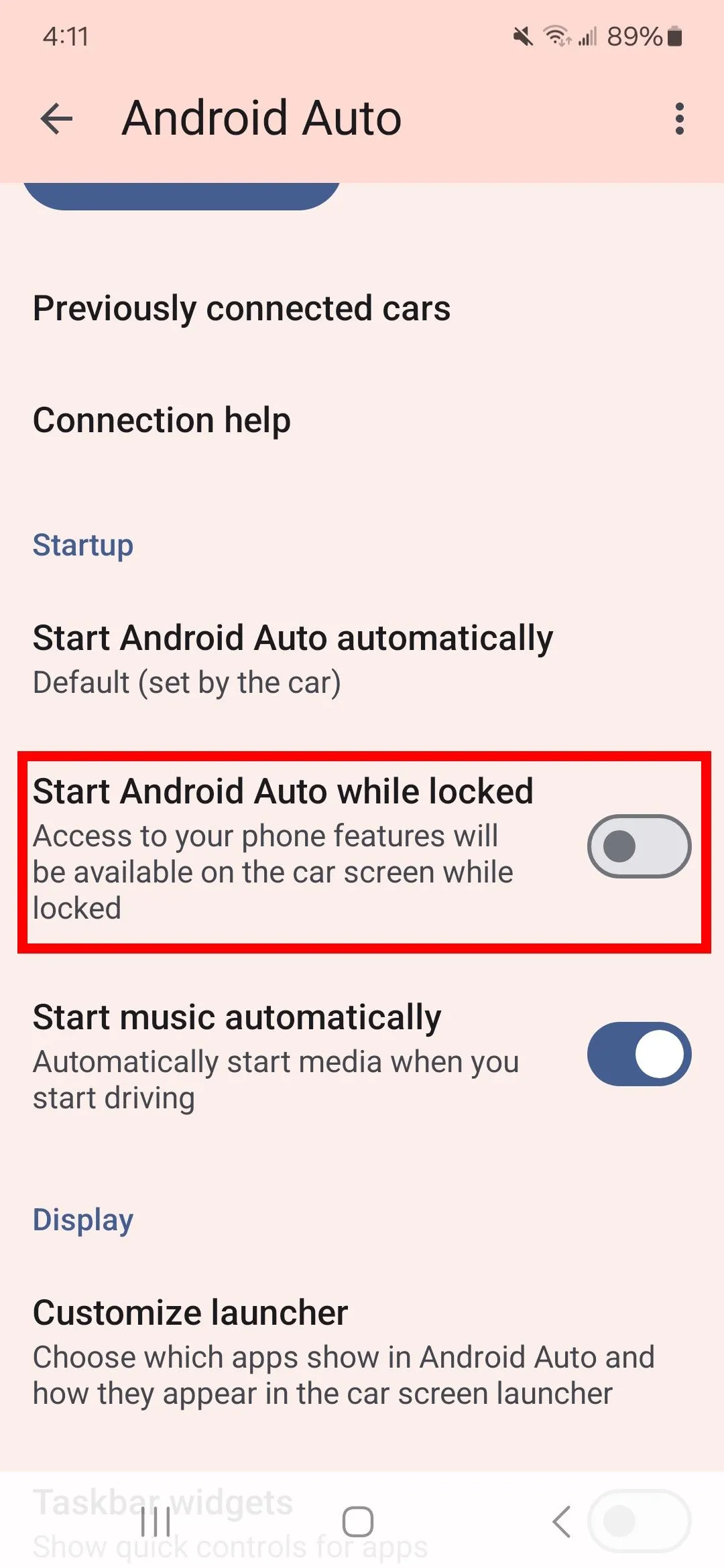 Tùy chọn Start Android Auto while locked trong ứng dụng Android Auto