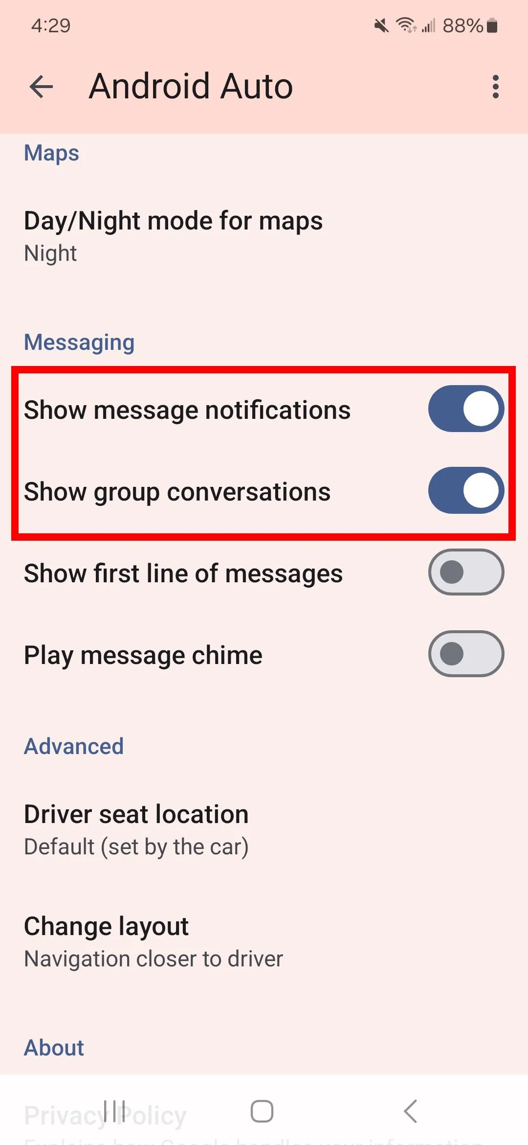 Tùy chọn thông báo tin nhắn trong Android Auto, Show message notifications được khoanh đỏ