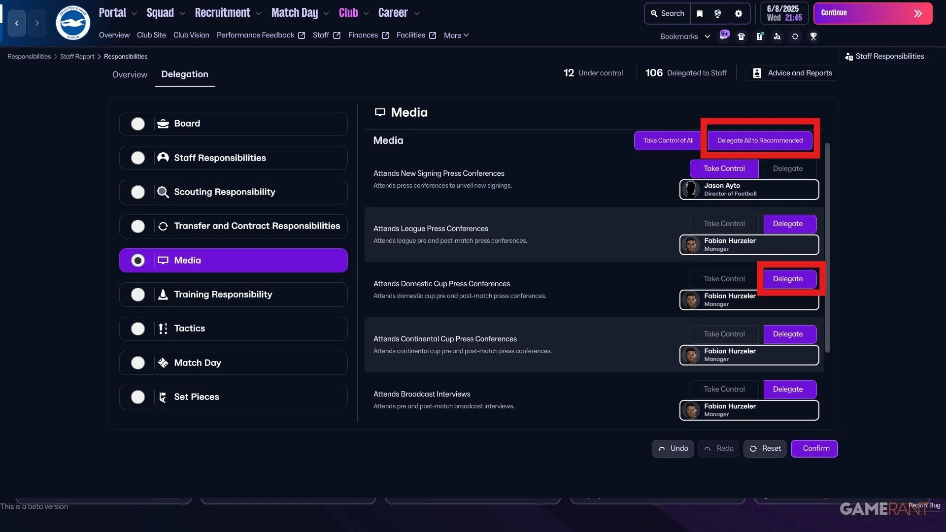 Ví dụ giao diện phân công media trong Football Manager 26, gán nhiệm vụ cho nhân viên cụ thể