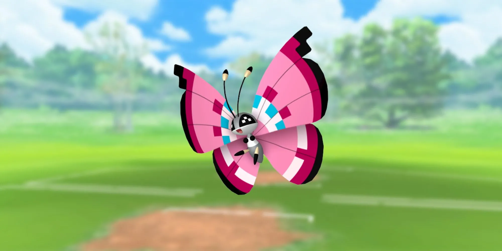 Vivillon với nền battle trong Pokemon GO, thể hiện các họa tiết cánh khác nhau