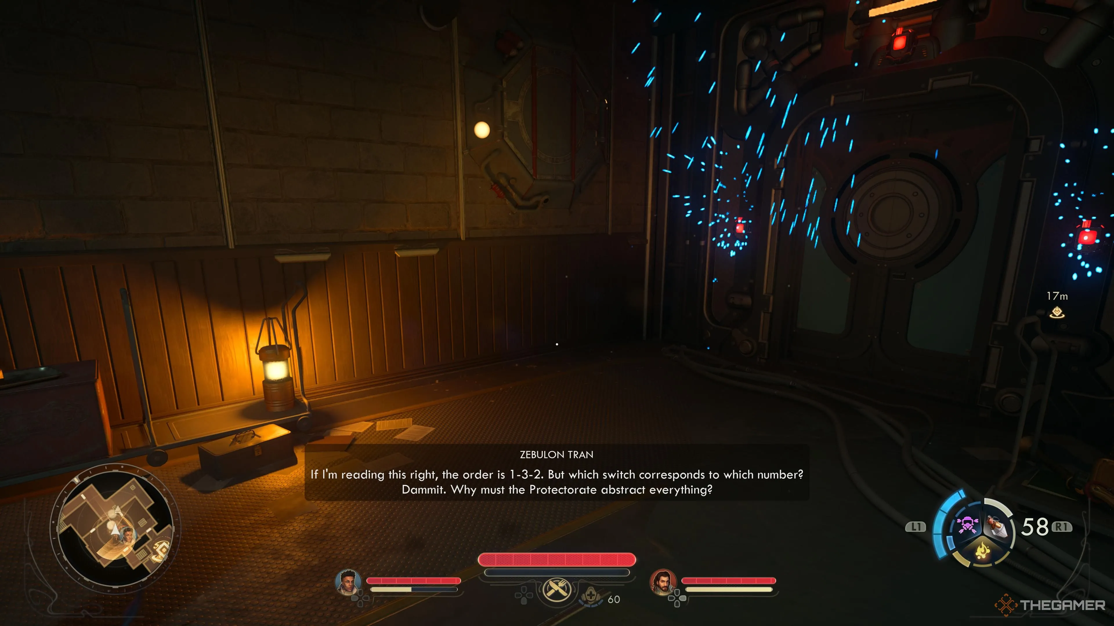 Zeb giải thích thứ tự cần kích hoạt các cần gạt dựa trên số dây trong The Outer Worlds 2