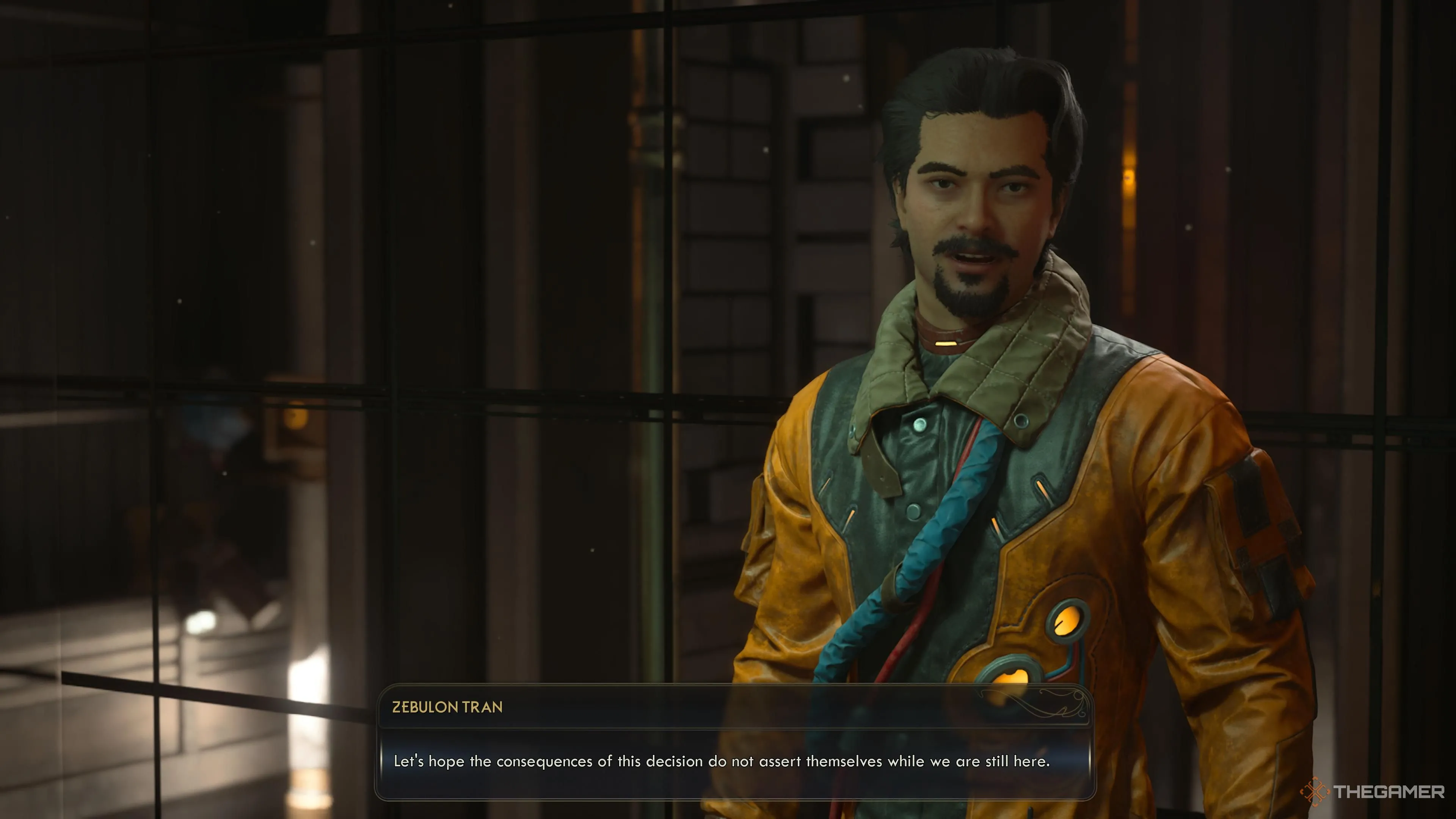 Zeb và nhân viên bảo trì tại phòng điều khiển Lăng mộ Matriarch trong The Outer Worlds 2